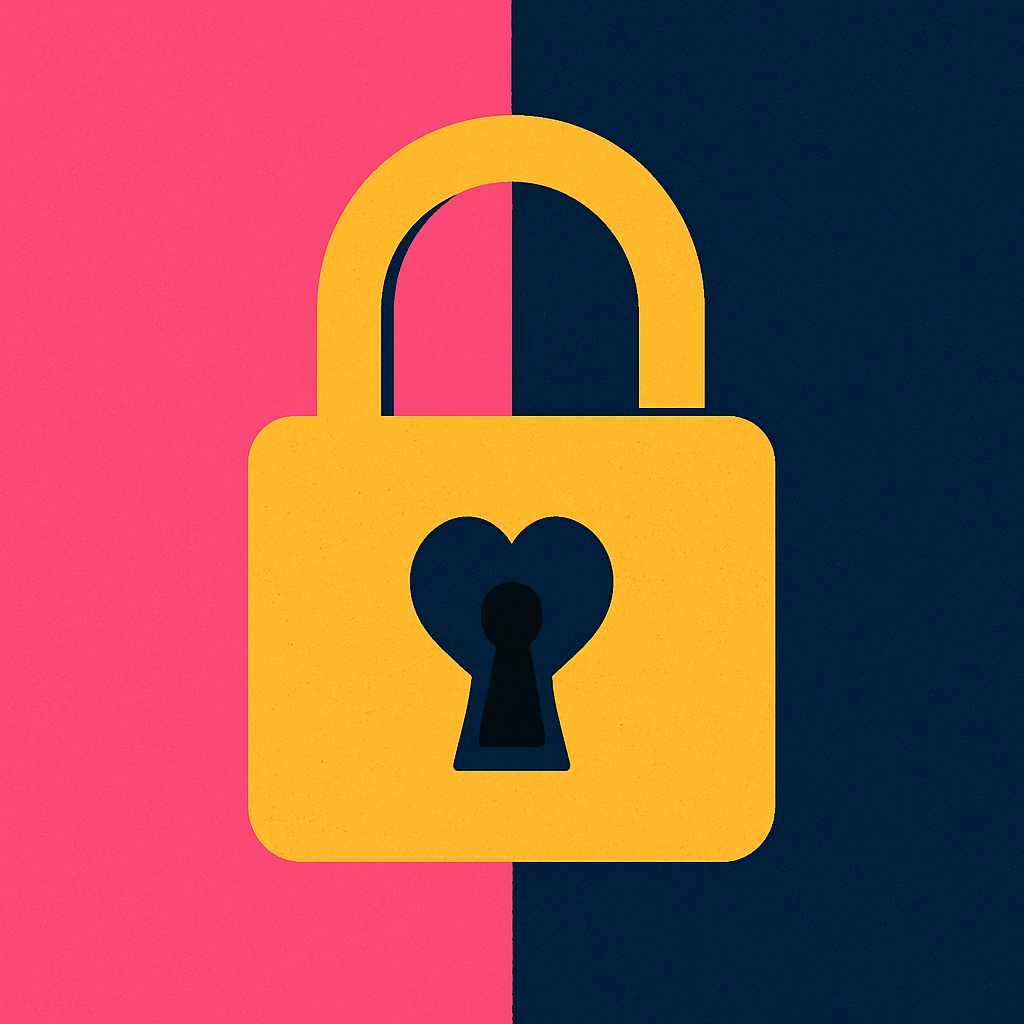 Minimalist digital illustration of a golden padlock with a heart-shaped keyhole, set against a split background of pink and navy blue.